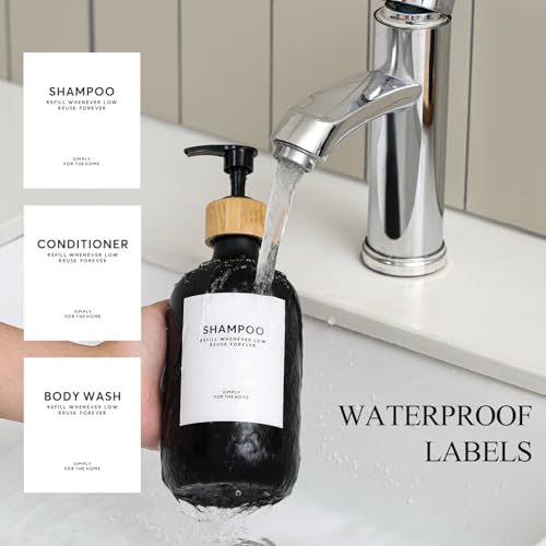 Shampoo and Conditioner Dispenser,16.9 fl oz Set of 3 Black Plastic Refillable Shower Shampoo Dispenser with Bamboo Tray, Reusable Pump Bottles with Labels for Bathroom Décor (Black+Bamboo Tray)3