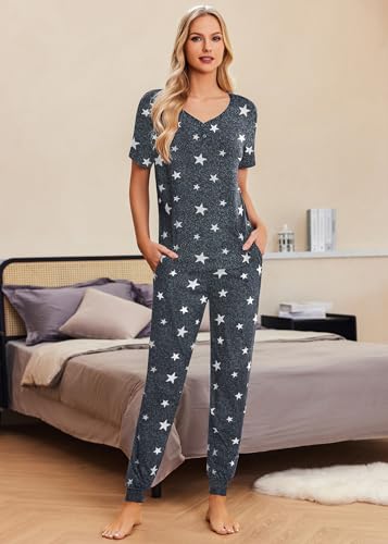 Image of Ekouaer Pajamas for Women Set 2 Piece Fall Lounge Sets Short Sleeve Pjs Joggers Long Pants Sleepwear with Pockets