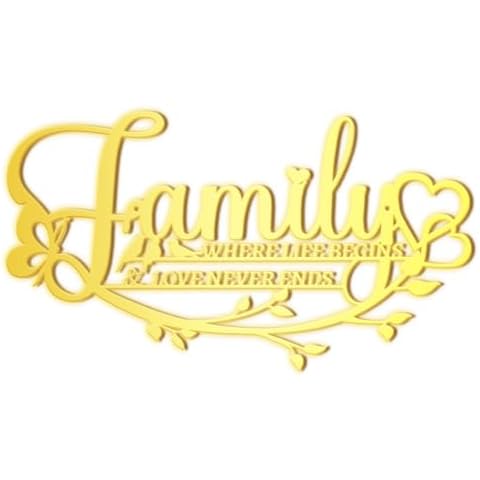 Family Sign Black Metal Wall Art Decor Family Where Life Begins Love Never Ends Wrought Iron Wall Decorations, Hanging Family Signs Home Wall Decor for Living Room Bedroom Dining Room Kitchen (Gold) Cover