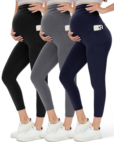 Image of HLTPRO 1/3 Pack Maternity Leggings Over The Belly - Maternity Pants with Pockets for Women Pregnancy Workout Yoga Leggings