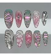 Medium Almond Press on Nails YEFIUO Silver Glitter Nail Tips Kit Fake Nails Press ons Ombre Frenc...