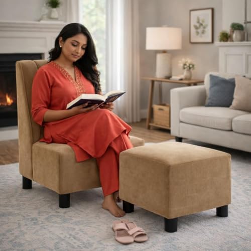 Image of Rosebell Sofa Set with Ottoman Combo One Seater Sofa Set with Matching Footrest for Living Room & Office - Golden Color