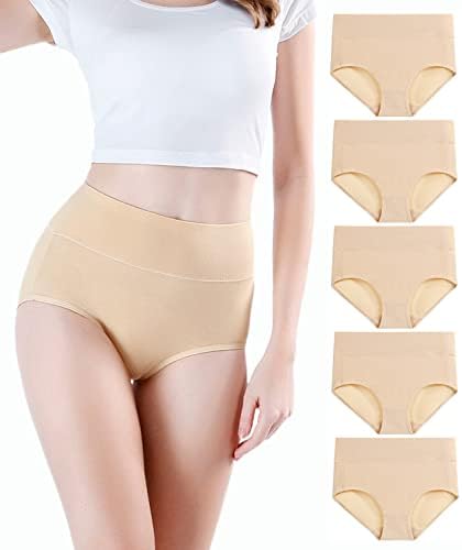wirarpa Women's Cotton Underwear High Waist Briefs Full Coverage Panties Ladies Comfortable Underpants 5 Pack Beige Small