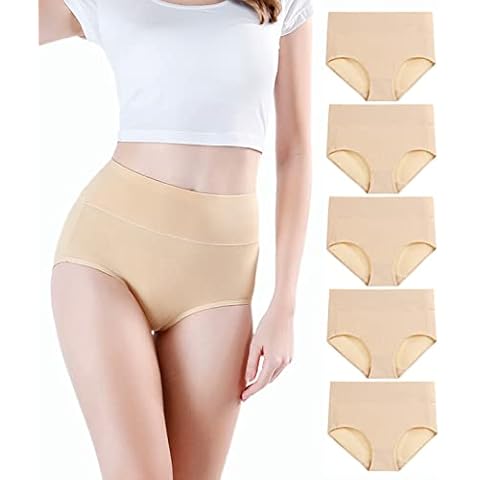 wirarpa Women's Postpartum Underwear High Waisted Ladies Cotton Panties Full Coverage Briefs 5 Pack Beige 2X-Large Cover