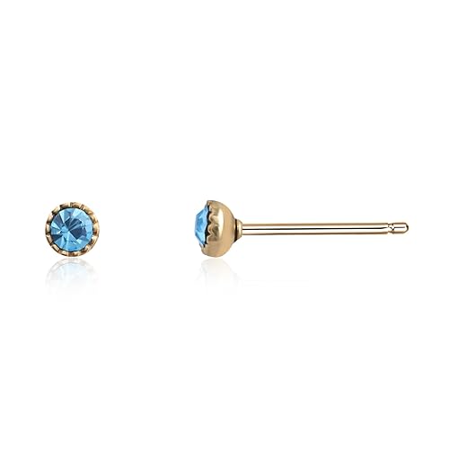 Tiny Aquamarine Stud Earrings 14K Gold Plated 3mm Blue Stud Earrings for Women Hypoallergenic Round Birthstone Post Earrings for Gift