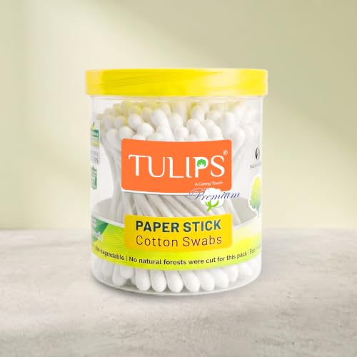Image of Tulips Premium Paper Stick Cotton Ear Buds (Pack Of 4) Pure & Soft Cotton, 100 Sticks / 200 Tips Each Pack - White