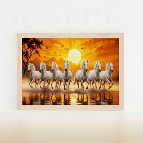 Image of Suneree 7 White Horse Vastu Wall Painting - Running Horses Sunset Landscape Framed Wall Art for Living Room & Office Decor (Natural, Design 02, 13x19 Inch)