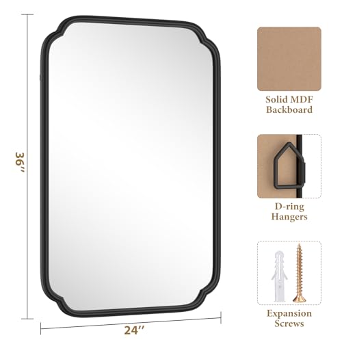 Black Bathroom Vanity Mirrors for Over Sink 24 x 36 Modern Rounded Corner Rectangle Mirror with Non-Rusting Iron Metal Framed Wall Mounted Decorative Mirror (Horizontal/Vertical)