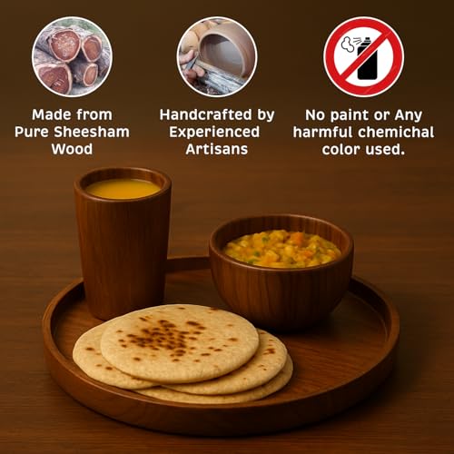 Image of Wooden thali, Sheesham Wood Serving Plate, 25.4 cm Round, Natural Brown, Chemical-Free (Wooden thali 2)