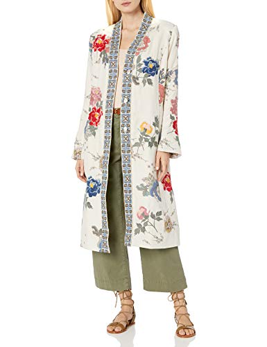 Biya by Johnny was Women's Silk Linen Blend Coat with Embroidery and Applique Detail, Beige, L
