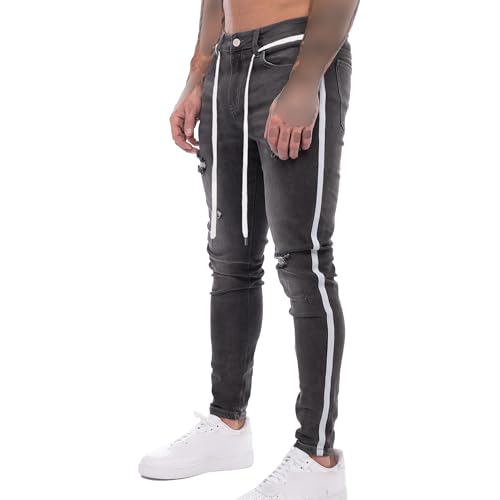 Mens Slim Fit Jeans with Drawstring Ripped Stretch Distressed Destroyed Pants Side Striped Broken Hole Trousers