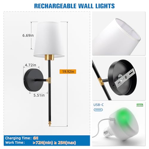 Image of NIORSUN 19.9 inch Battery Operated Wall Sconce Set of 2,Gold-Black Rechargeable Wall Lights with 10400mAh Dimmable Detachable Bulbs and Remote, Wireless Sconces for Bedroom Living Room Hallway