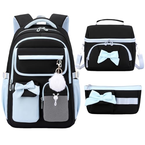 NIWEIYA Mochila escolar para meninas, crianças, escola primária, mochila para meninas, adolescentes, fofas, infantis, mochilas casuais, 3 peças preto e azul, Mochilas Daypack