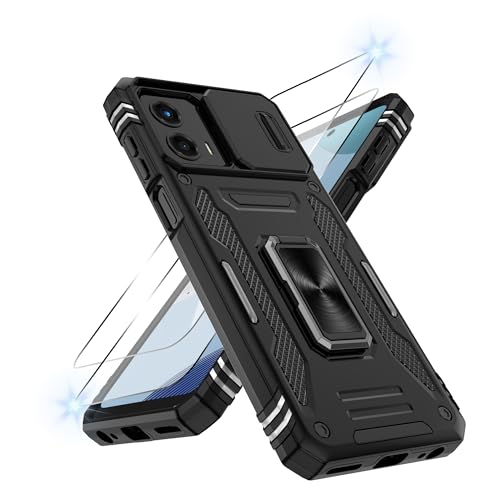 for Moto G-Play-2023-Case: Moto G Pure Case/G Power 2022 Case with [2Pcs] HD Screen Protector, [Military Grade Shockproof] & Slide Camera Cover, 360° Rotated Ring Kickstand Protective Cover, Black