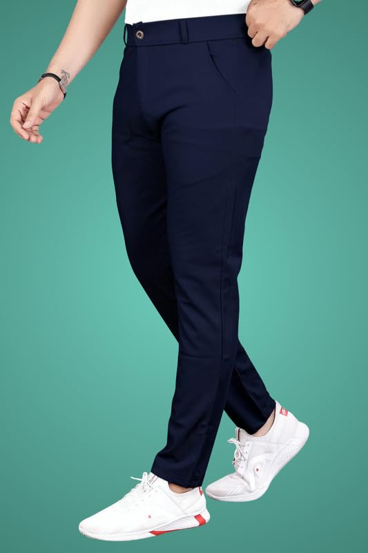 Image of Slim Fit Lycra Blend Pants for Men | Stretchable, Breathable Formal Trousers with Dual Side Pockets & Button Closure | Comfortable for Office, Travel & Casual Wear