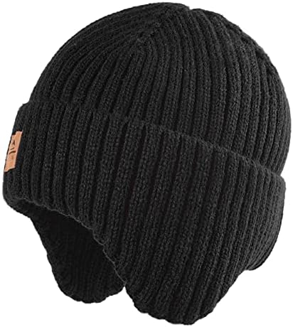 Hatiis Baby Beanie with Ear Flaps Toddler Winter Hat Cute Beanie Soft Fleece Lining (Black, 3-24 Months)