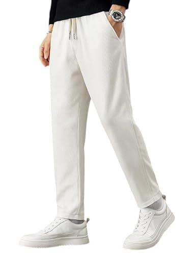 NoseQueen Men's Corduroy Relaxed Fit Stretchable & Comfortable Sweatpant Trousers Pant, (White, L)