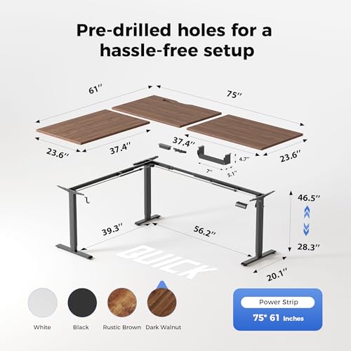Image of Agilestic 75 x 61 Inch L Shaped Standing Desk with Powerstrip, Dark Walnut
