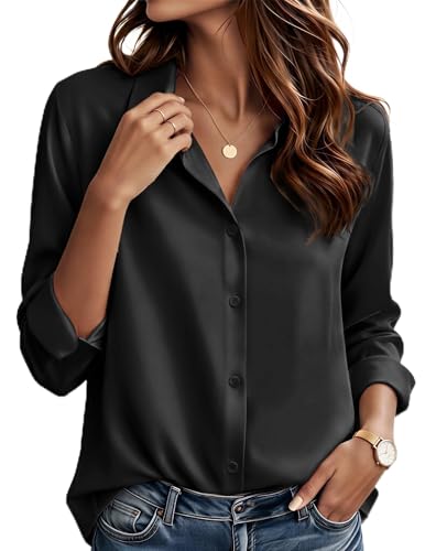 HOTOUCH Silk Shirts for Women Button Down Satin Dressy Casual Blouses Long Sleeve Business Work Elegant Tops Black L