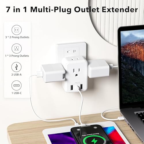 Image of BN-LINK Multi Plug Outlet Extender 2 Pack, Outlet Splitter with 4 Outlet and 3 USB Ports (1 USB C), 4-Sided Multiple Plug Expander for Travel Kitchen Dorm Room Cruise Ship Essentials, White