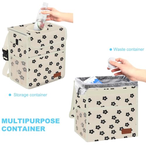 Image of Femuar Leak Proof Car Trash Can with Lid, Collapsible Hanging Waterproof Car Trash Bag with Mesh Pocket for SUV Front Seat Headrest, Large /Beige Flower