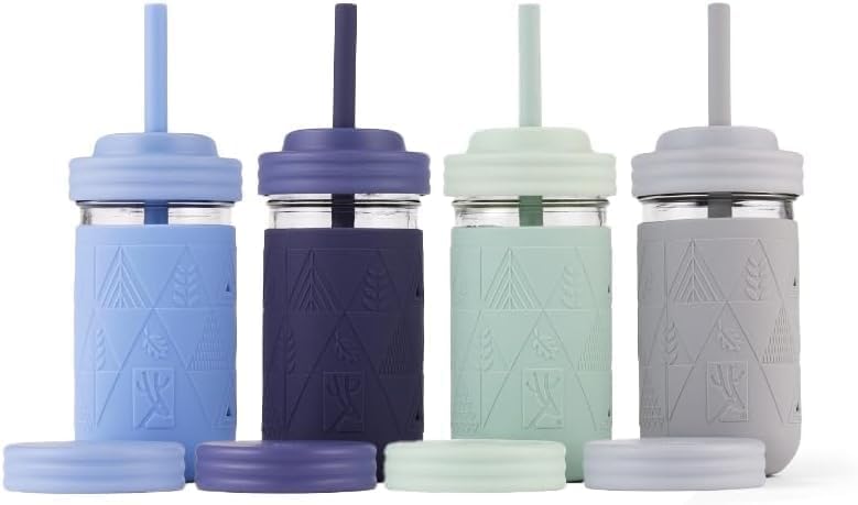 Elk and Friends Kids + Toddler Glass Cups | The Original 12oz Glass Mason Jar with Sleeves + Lids | Silicone Straws + Stopper | Smoothie Cup | Food Storage | Sage/MistyBlue/Navy/Gray | 4 Pack