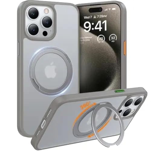 TORRAS 360°Rotatable Ring for iPhone 15 Pro Case 6.1 ", Compatible with MagSafe 15 Pro Case with Stand Translucent Slim Protective Mil-Grade Shockproof Cover 2023, Grey