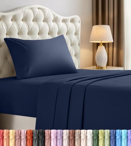Image of Twin Size Sheet Set - 3 Piece Bed Sheets, Soft and Breathable Microfiber, Includes 1 Fitted Sheet, 1 Flat Sheet and 1 Pillowcase - Oeko Tex (Navy)