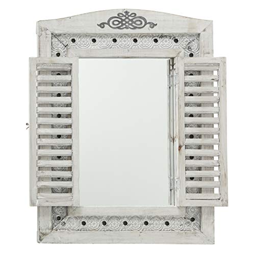 Whw Whole House Worlds Americana Rustic Farmhouse Mirror With Shutters, Vintage Gray, Distressed Metal Border Of Braided Flowers, Sustainable Wood, Glass And Metal, 21 3/4 X 1 1/4 X 28 3/4 Inches #TOP1