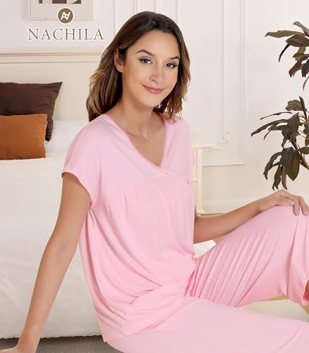 Image of NACHILA Pajamas for Women-Viscose Made from Bamboo, Short Sleeve Sleepwear Top Cooling Capri Pants Pajama Set V Neck Pjs