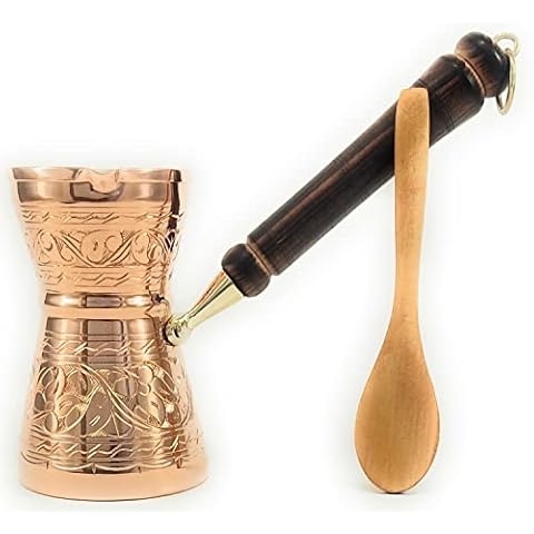 GCP Series (Large-16.9 floz) Thickest Solid Copper Engraved-Hammered Greek Turkish Arabic Coffee Pot with Wood Handle,Stovetop Coffee Maker Cezve,Jezve,Jazva,Ibrik,Briki (Shiny) Cover