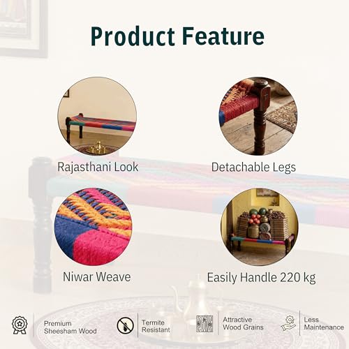 Image of Wooden Bench for Seating | Handcrafted Sheesham Wood Bench for Living Room, Balcony & Garden | Traditional Patio for Outdoor with Cotton Handwoven Rope | Colorful