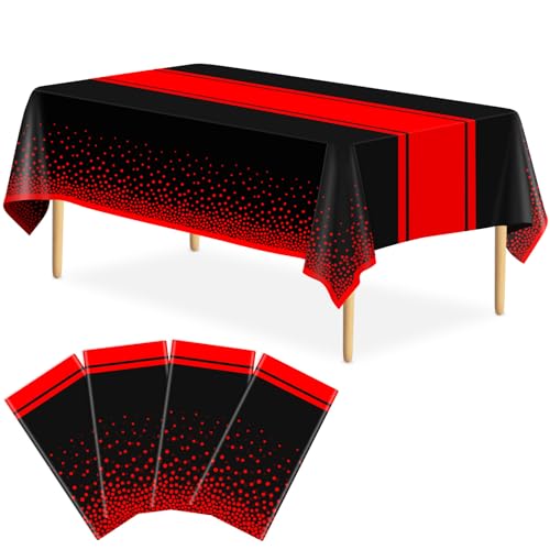 Image of 4 Pack Black and Red Tablecloth Party Decorations Plastic Black Tablecloth Printed Red Table Runner 54 x108 Inch Disposable Rectangle Table Cover for Birthday Wedding Graduation Anniversary