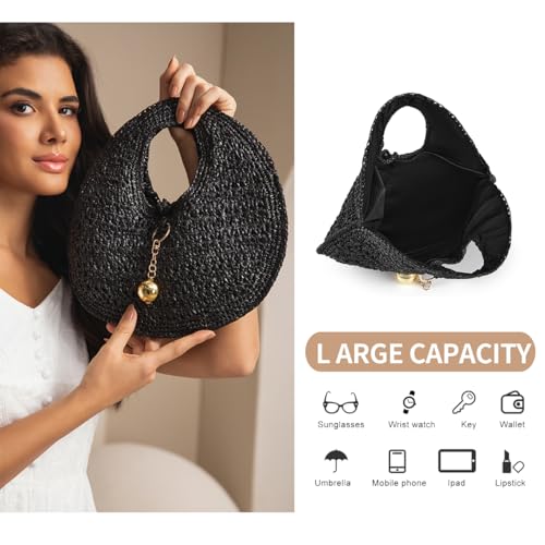 Image of PHILOMENA Woven Straw Beach Bag for Women Handmade Raffia Circle Bag, Summer Boho Chic Tote Purse Handbag Large Round Bag