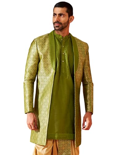 Image of VASTRAMAY mens VASTRAMAY Men's Green Silk Blend Sherwani.