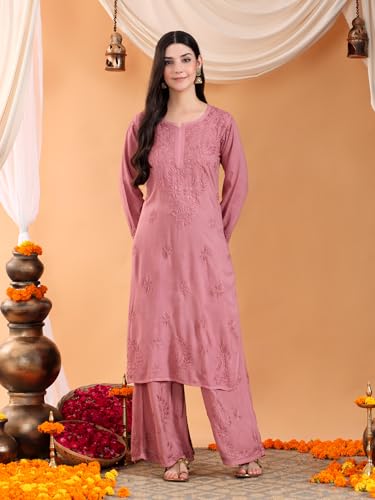 Image of POSHAK CHIKAN STUDIO Women's Hand Embroidered Lucknowi Chikankari Rayon Co-ord Set