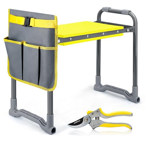 Jardineer Garden Kneeler and Seat Heavy Duty with Handles - 2-in-1 Foldable Padded Gardening Kneeler for Seniors, Ergonomic Yellow Kneeling Bench & Pad, Bypass Pruner Included (330lbs Capacity)