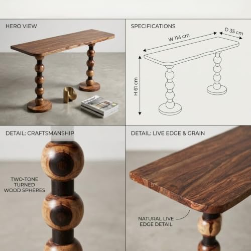Image of Solid Sheesham Wood Console Table for Living Room | Entryway Hallway Sofa & Fish Tank Table | Narrow Stand with Turned Ball Legs & Rounded Edge Top | Wooden Accent Furniture |Light Walnut