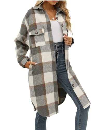 SeekMe Women's Oversized Flannel Plaid Shacket Jacket Flap Pocket Lapel Button Down Long Shirt Jackets