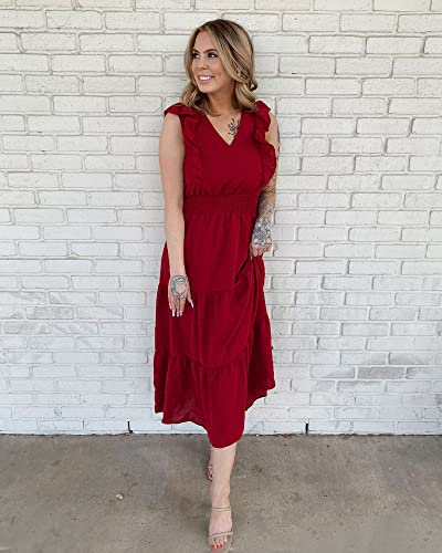 Btfbm Women's Ruffle Trim Sleeveless V Neck Maxi Long Dress Elastic Waist Pleated Swing Aline Elegant Summer Beach Dresses(Solid Wine Red, Medium) #TOP6