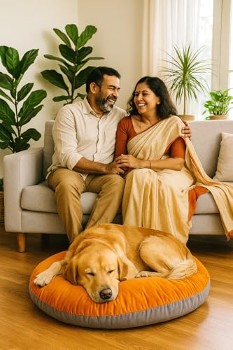 Image of The Pets Company Calming Dog & Cat Bed | Soft Fluffy Donut Reversible, Washable Pet Bed for Puppies | Cozy Plush Anti-Anxiety Cushion |, (L-34 Inch x B-34 Inch x H-5.5 Inch), Orange & Grey-Large