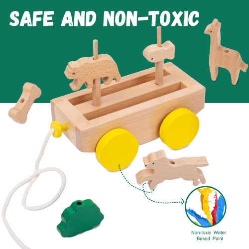 Image of Adena Montessori Wooden Pull Long Trailer Toys - Wooden Pull Car Interactive Animal Towing Toy for Kids 1-3 Years Old Cognitive Development