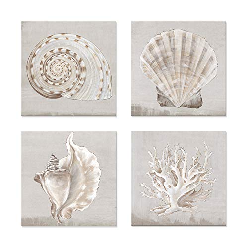 JAPO ART White Sea Shells Pictures Coral Wall Decor Beach Canvas Wall Art Vintage Seashell Giclee Print on Canvas Coastal Artwork Framed for Living Room Bedroom Walls 20 x 20 inch x 4 pcs