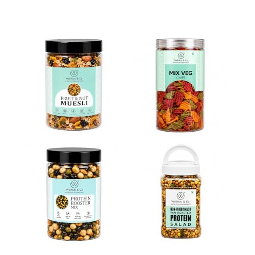 Image of WellNuts & Co. Healthy Snack Combo Pack of 4 |Fruit Nut Meusli - 200g, Mix Veg Chips - 150g, Protein Booster - 200g, Protein Salad - 425g| Roasted & Ready to Eat Snacks | High Protein & High Fiber Combo | Snacks for Healthy Everyday