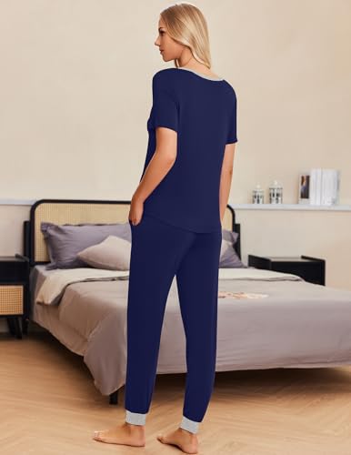Image of Ekouaer Pajamas for Women Set 2 Piece Fall Lounge Sets Short Sleeve Pjs Joggers Long Pants Sleepwear with Pockets