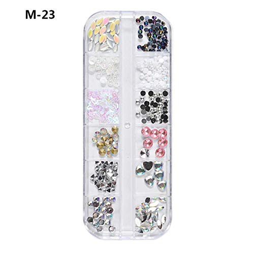FOLWME - Adorno de uñas para uñas (12 cajas en caja para joyas mixtas con lentejuelas, aleación, caballo y ojo de diamante, joyas de estrás