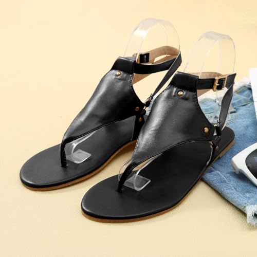 Women's Thong Flat Sandals,Women's Casual T-Strap and Adjustable Ankle Buckle for Summer Beach Sandals,Flip Flops T Strap Dress Sandals,Leather Strappy Slip on Summer Shoes for Women3