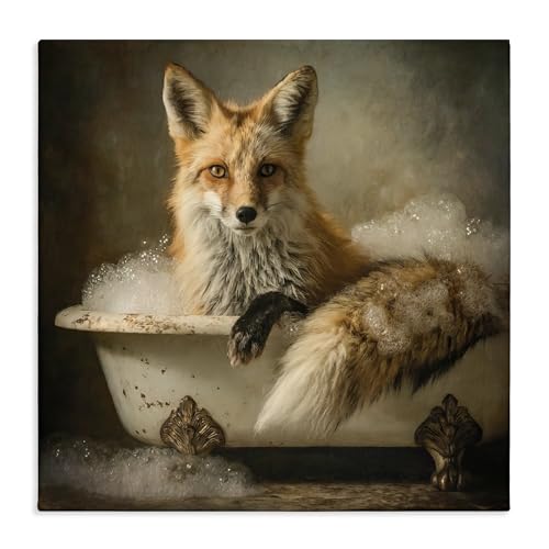 Red Fox Bubble Bath Whimsical, 36 x 36 Inch Canvas Wall Art