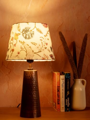 Image of Green Girgit Copper Etched V-Shaped Lamp with Multicolor Taper White Shade, Modern Table Lamp with Floral Shade, Hammered Copper Base (LED Bulb Included)