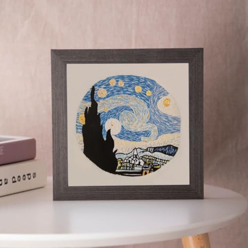 Image of Esffaci Embroidery Starter Kit for Adults Beginners with Van Gogh Starry Night Pattern Stamped Cross Stitch Set with Embroidery Cloth Hoop Needles Threader Colorful Floss and Instruction